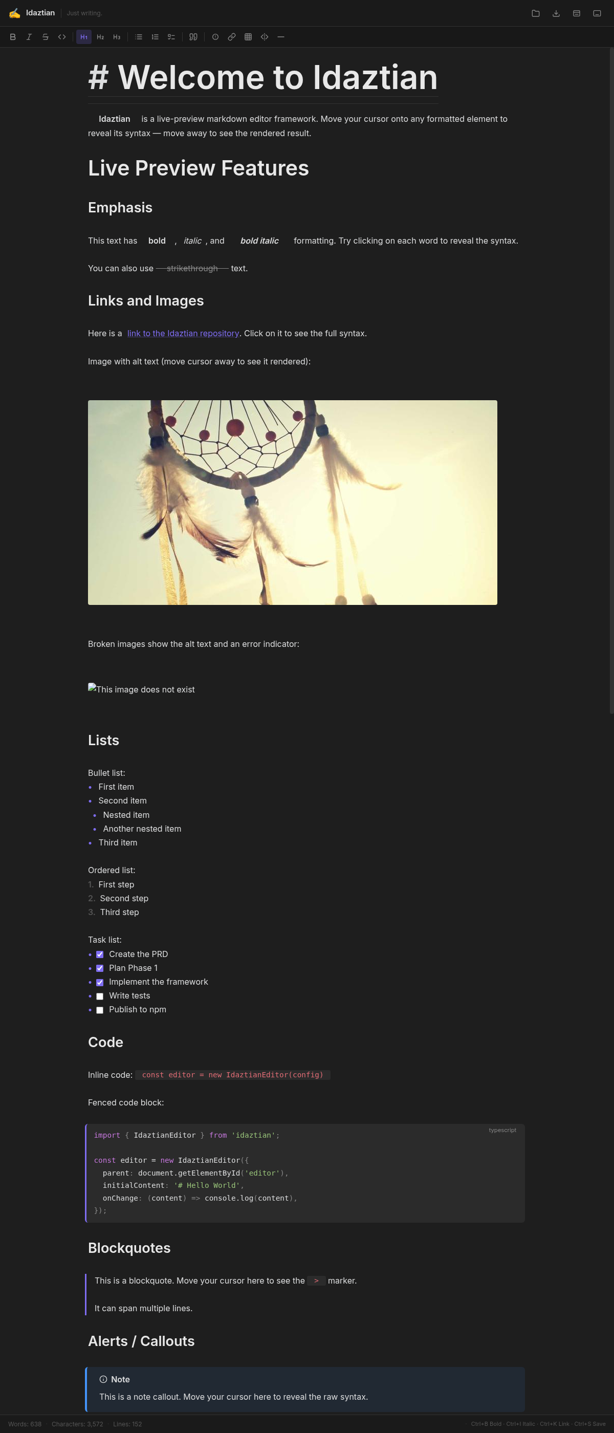 Idaztian editor showing live-preview markdown with rendered tables, code blocks, alerts, task lists, and math