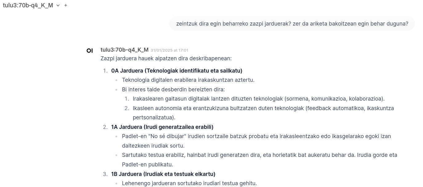 Conversation in basque with Tulu3 model, using Open-WebUI